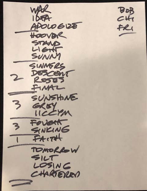 Handwritten setlist: Metro, Chicago, 22 Feb 2019