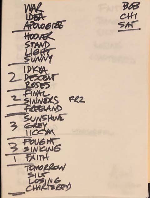 Handwritten setlist: Metro, Chicago, 23 Feb 2019