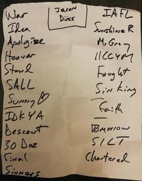 Handwritten setlist: zakk, Düsseldorf, Germany, 11 Mar 2019