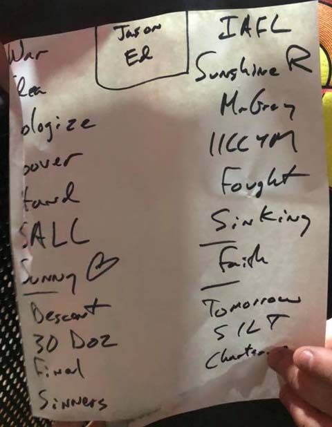 Handwritten setlist: Liquid Room, Edinburgh, Scotland, 16 Mar 2019