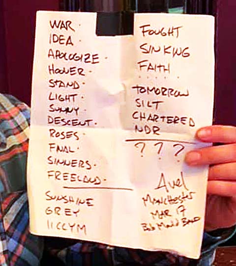 Handwritten setlist: Academy 2, Manchester UK, 17 Mar 2019