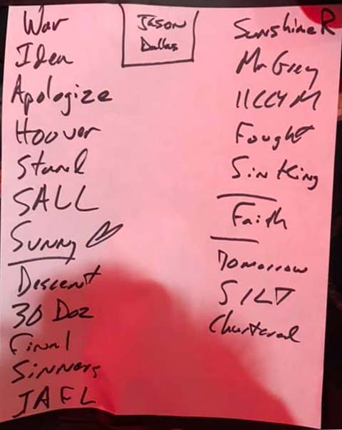 Handwritten setlist: Granada Theater, Dallas TX, 02 Apr 2019