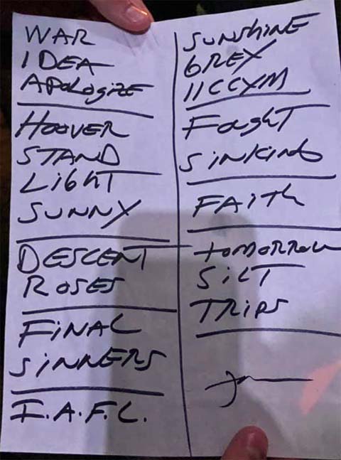 Handwritten setlist: Mohawk, Austin TX, 03 Apr 2019