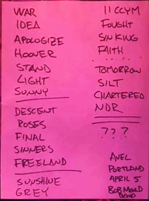 Handwritten setlist: Wonder Ballroom, Portland OR, 05 Apr 2019