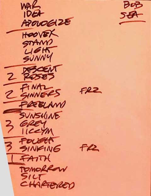 Handwritten setlist: Neumo's, Seattle WA, 06 Apr 2019