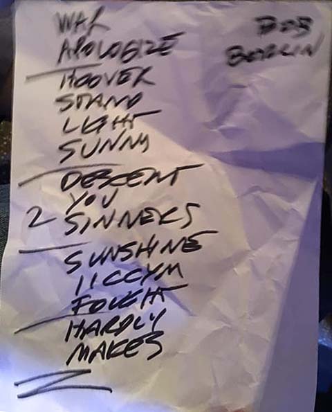 Handwritten setlist: Bob Mould @ Park am Gleisdreieck (radioeins Parkfest), Berlin, Germany, 24 Aug 2019