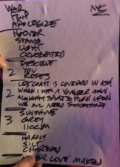 Handwritten setlist: Bob Mould @ Iridium, New York NY, 29 Jan 2020 (early show)