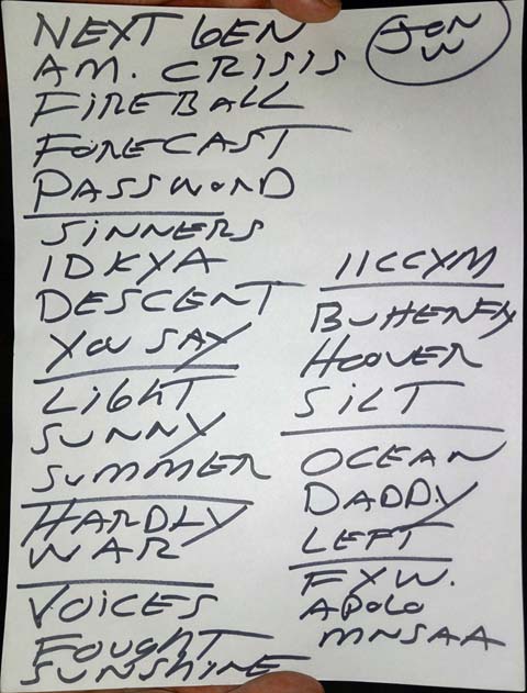 Handwritten setlist: Webster Hall, New York NY, 17 Sep 2021