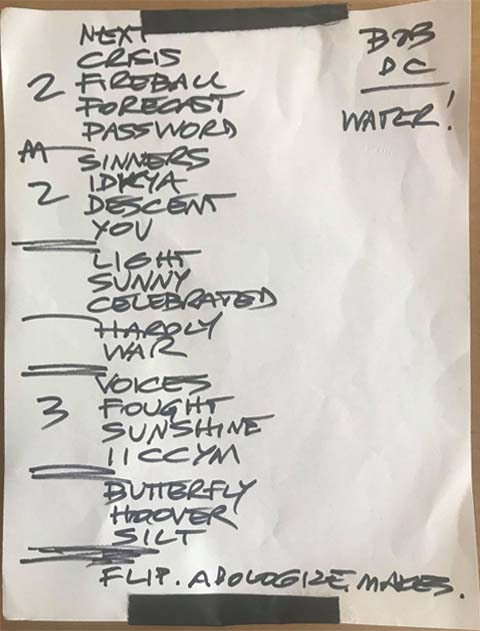 Handwritten setlist: 9:30 Club, Washington DC, 18 Sep 2021