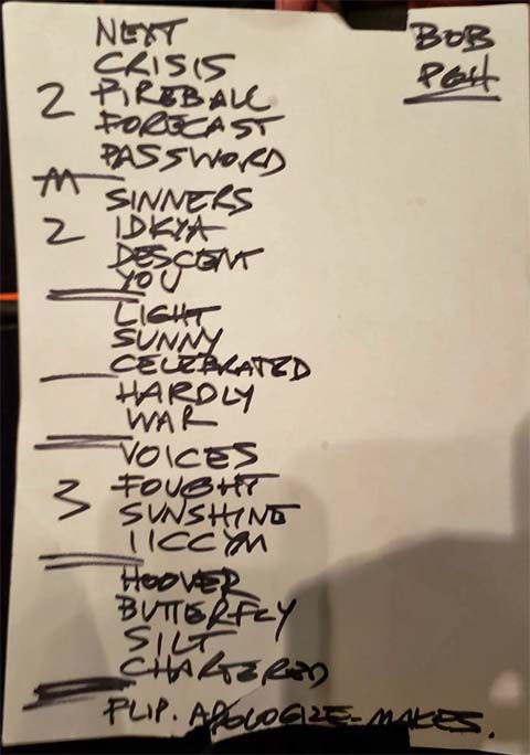 Handwritten setlist: Mr Smalls, Millvale (Pittsburgh) PA, 21 Sep 2021