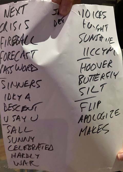 Handwritten setlist: St Andrew's Hall, Detroit MI, 22 Sep 2021