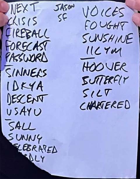 Handwritten setlist: Bob Mould Band @ August Hall, San Francisco CA, 01 Oct 2021