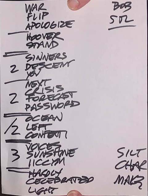 Handwritten setlist: Off Broadway, St Louis MO, 23 Oct 2021