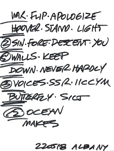 Handwritten setlist: Lark Hall, Albany NY, 18 May 2022