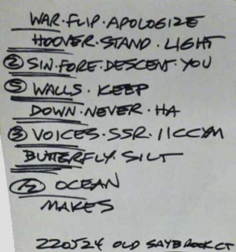 Handwritten setlist: The Kate, Old Saybrook CT, 24 May 2022