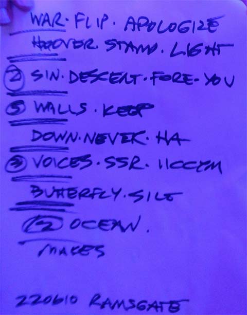 Handwritten setlist: Ramsgate Music Hall, Ramsgate UK, 10 Jun 2022