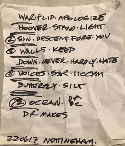 Handwritten setlist: 17 Jun 2022