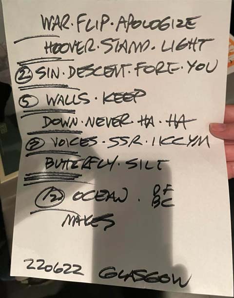 Handwritten setlist: 22 Jun 2022