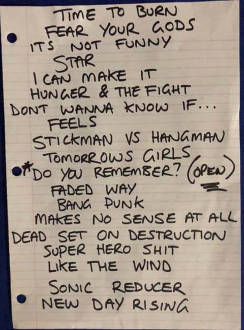 Handwritten setlist: Hook and Ladder, Minneapolis MN, 16 Jul 2022