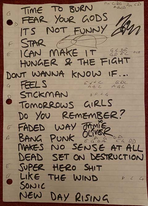 Handwritten setlist: Hook and Ladder, Minneapolis MN, 16 Jul 2022