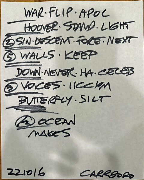 Handwritten setlist: ArtsCenter, Carrboro NC, 16 Oct 2022