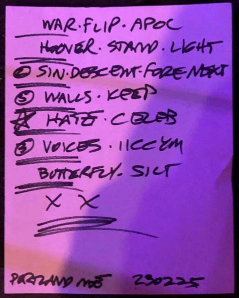 Handwritten setlist: Bob Mould @ Blue, Portland ME, 25 Feb 2023