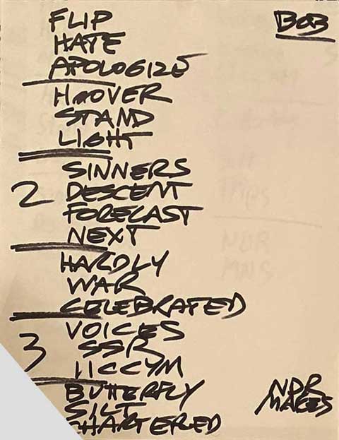 Handwritten setlist: Bob Mould Band, WSME Backyard BBQ, Humboldt Park, Milwaukee WI, 26 Aug 2023