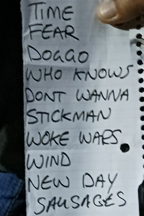 Handwritten setlist: UltraBomb @ Big Night Live, Boston MA, 24 Apr 2024