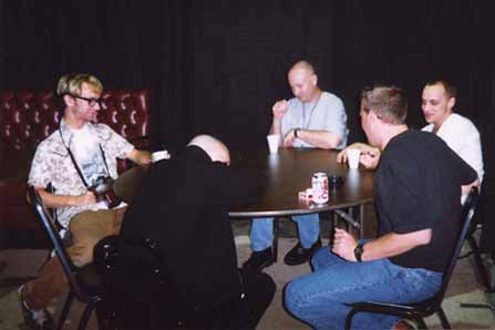 Drum/guitar tech Charles Scott and band members, Fargo ND, 10 Sep 1998