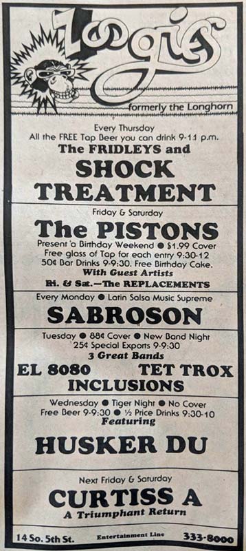 Hüsker Dü 01 Oct 1980 print ad (Zoogies, Minneapolis)