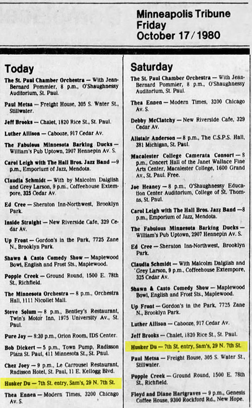 H&uuml;sker D&uuml; 17-18 Oct 1980 print ad (7th St Entry, Minneapolis)