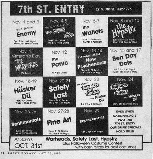 Hüsker Dü Nov 1980 print ad (7th St Entry, Minneapolis)