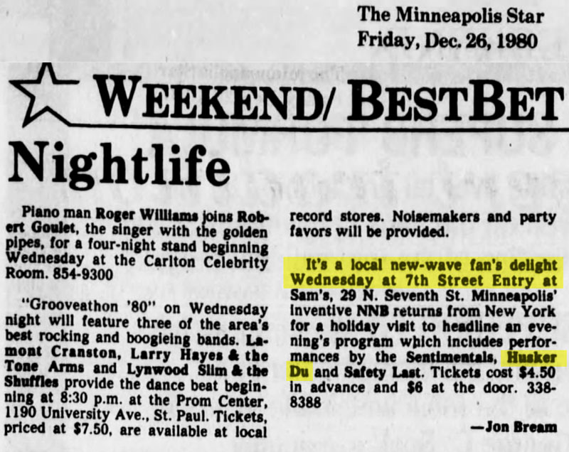 H&uuml;sker D&uuml; 31 Dec 1980 print ad (Duffy's, Minneapolis)