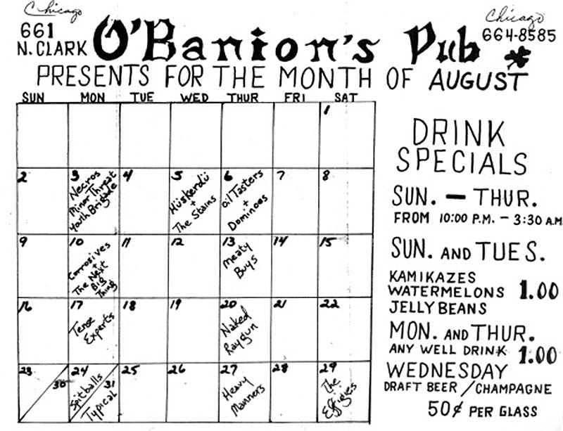 Hüsker Dü club calendar, O'Banion's, Chicago, 05 Aug 1981