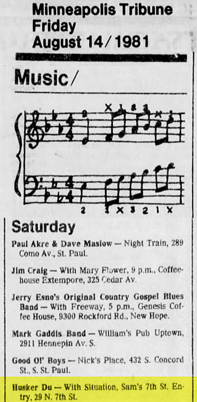 H&uuml;sker D&uuml; 15 Aug 1981 club listing (7th St Entry, Minneapolis)