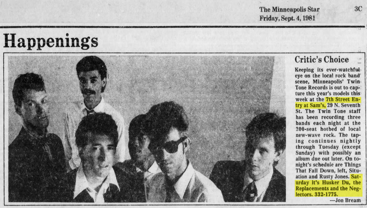 H&uuml;sker D&uuml; 05 Sep 1981 club listing (7th St Entry, Minneapolis)
