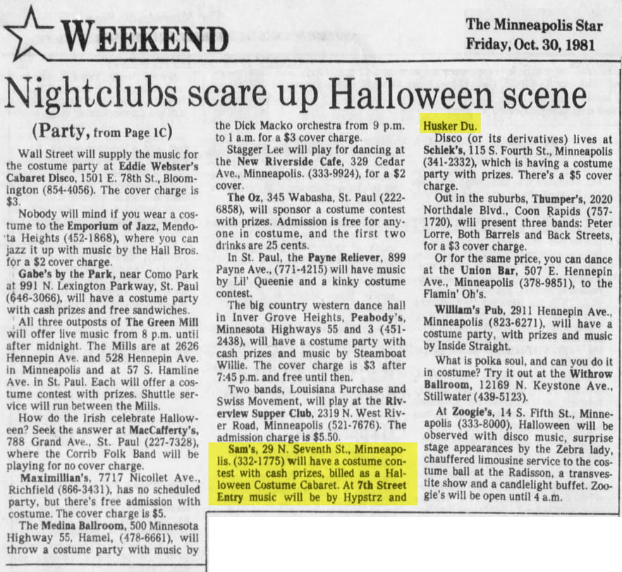 H&uuml;sker D&uuml; 31 Oct 1981 club listing (7th St Entry, Minneapolis)
