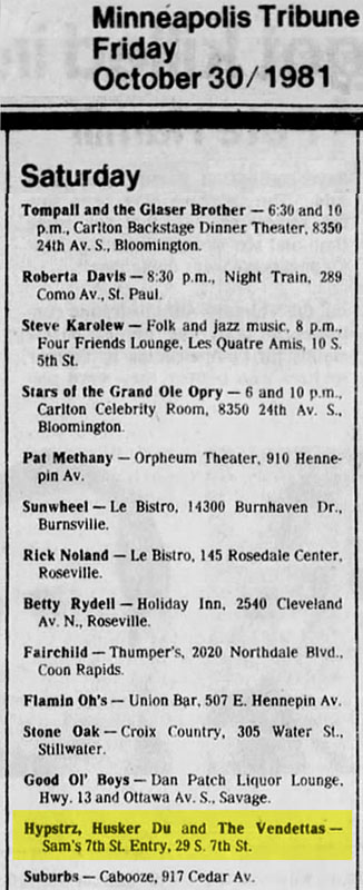 H&uuml;sker D&uuml; 31 Oct 1981 club listing (7th St Entry, Minneapolis)