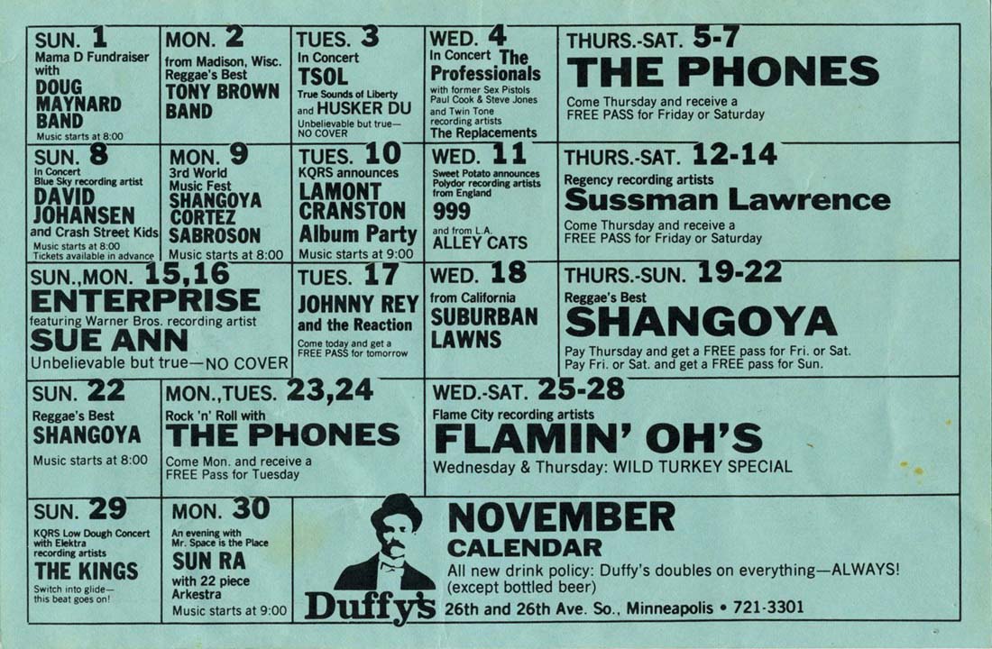Hüsker Dü club calendar, 03 Nov 1981