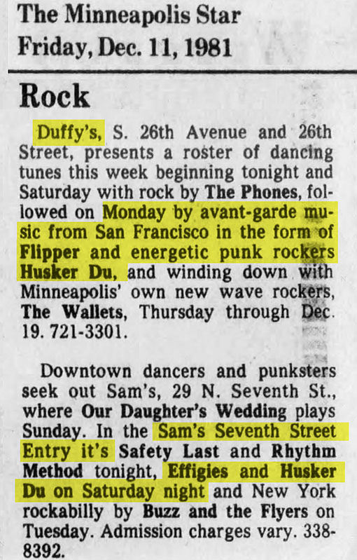 H&uuml;sker D&uuml; 12, 14 Dec 1981 club listings (7th St Entry &amp Duffy's, Minneapolis)