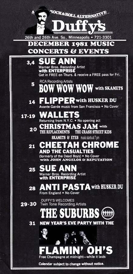 Hüsker Dü club calendar, 14 & 28 Dec 1981