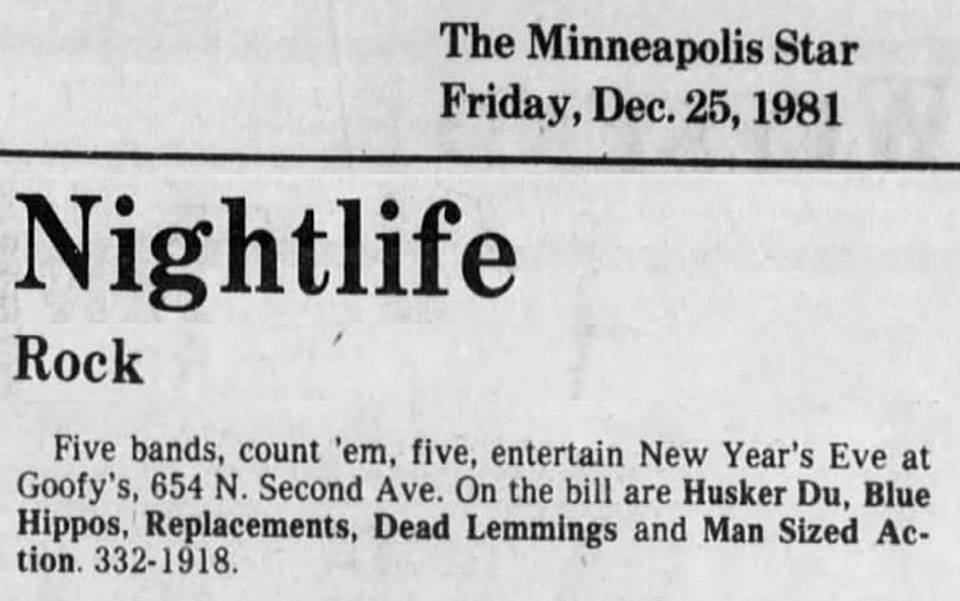 H&uuml;sker D&uuml; 31 Dec 1981 club listing (Goofy's Upper Deck, Minneapolis)
