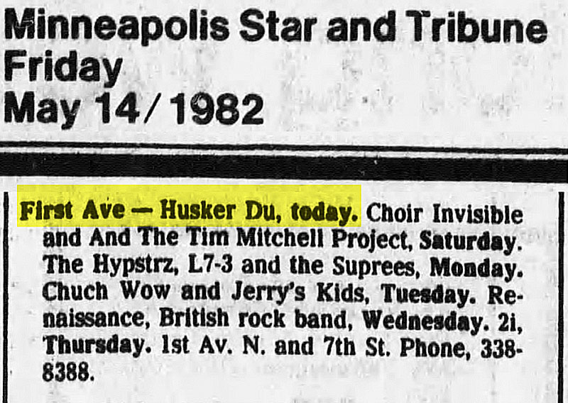 H&uuml;sker D&uuml; 14 May 1982 club listing (7th St Entry, Minneapolis)
