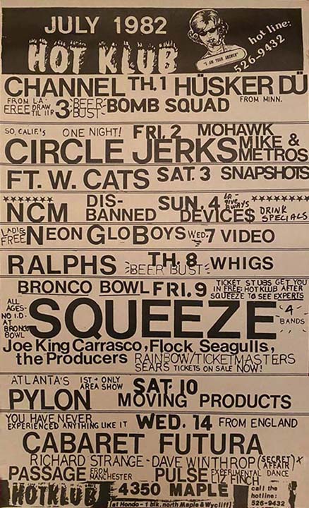 Hüsker Dü 01 Jul 1982 flyer (Hot Klub, Dallas TX)