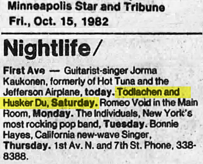 H&uuml;sker D&uuml; 16 Oct 1982 club listing (First Ave, Minneapolis)