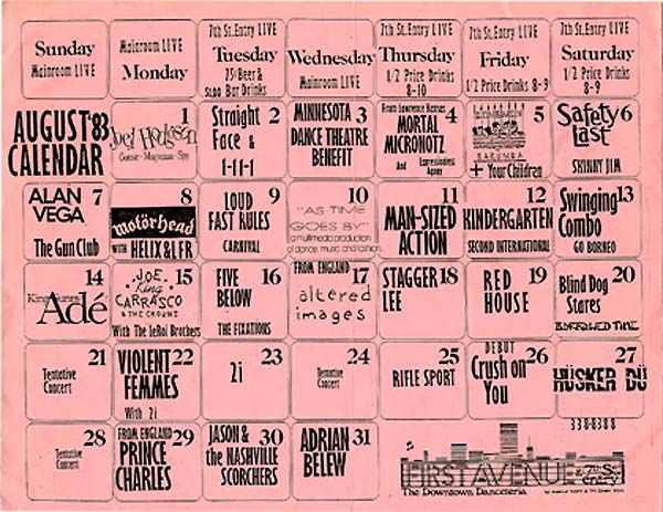 Hüsker Dü 1st Ave Aug 1983 calendar