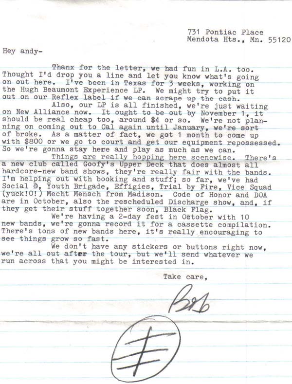 Bob letter to a fan, Nov 1982