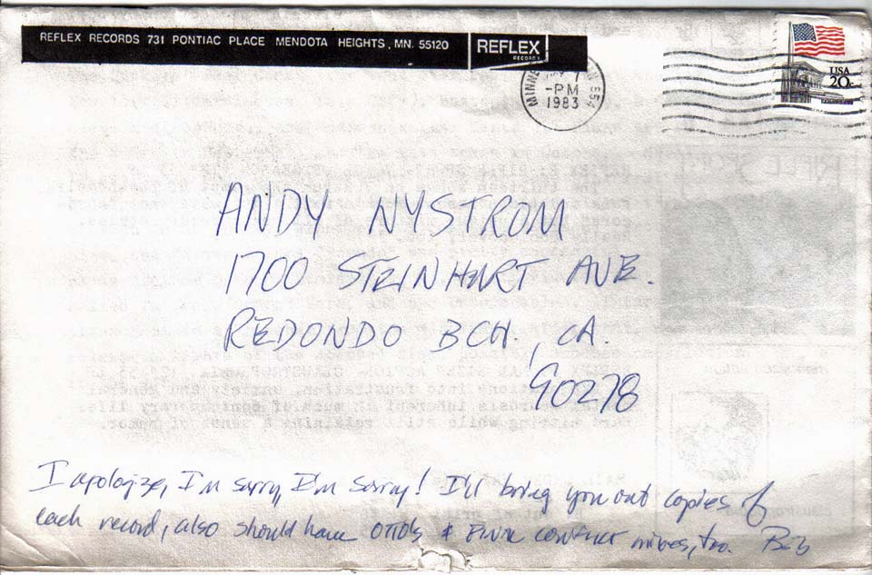 Bob note to a fan, summer 1983